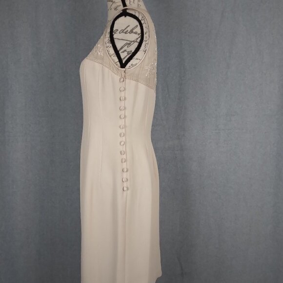 Donna Morgan | Beaded Embroidered Sheer Crepe Sheath Dress Beige  |  Size 10 - Picture 4 of 10